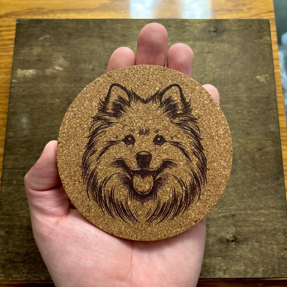 American Eskimo Dog Face Laser Engraved Cork Coaster #2